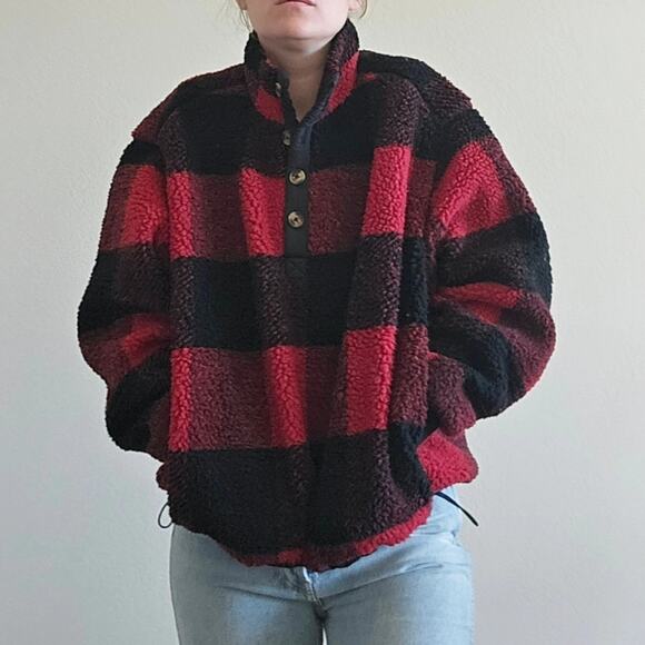 American Eagle Oversized Plaid Sherpa Jacket - Picture 1 of 9